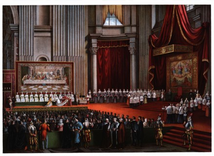 Pontifical ceremonies. Cardinals pedilavium, color engraving, 1871.