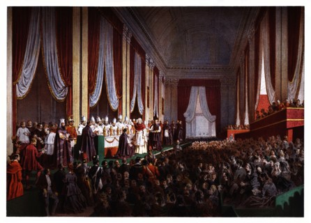 Pontifical ceremonies. Cardinals Dinner. Color engraving from 1871.