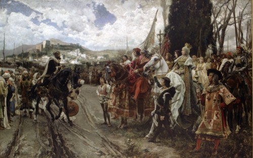 The surrender of Granada', between the Catholic Kings and Boabdil in 2nd January 1492. Oil of 1832.