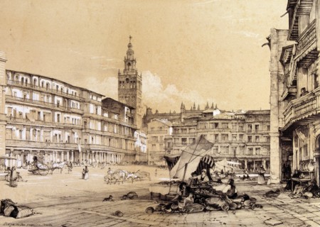 Saint Francis square, Seville, drawing, 1834.