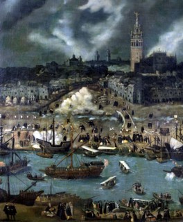 View of Seville, detail of the central part. Oil work by Sanchez Coello.