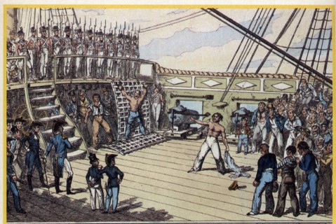 Mutiny on board in a war ship, by sailors, for the punishment by lash to a companion, engraving, ?