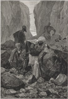 British-Afghan war, Afghan warriors placed in ambush in the Khyber Pass, engraving from 1878.
