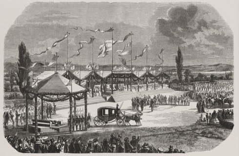 Inauguration of the railway station in Saragossa on May 12, 1856, engraving from the time.