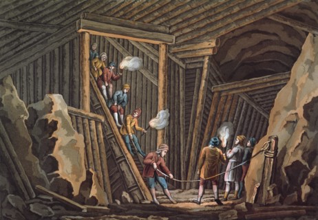 Salt mine in Halbein, engraving.