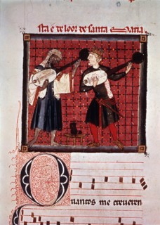 Moor and Christian playing the lute, miniature in the 'Music book' from the 'Cantigas of Alphonse?