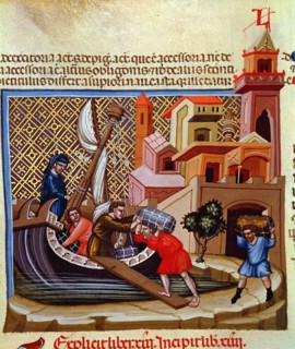 Shipment of goods on a boat, Miniature in 'Codex Justinian Institutiones Feodorum et Alia', illum?