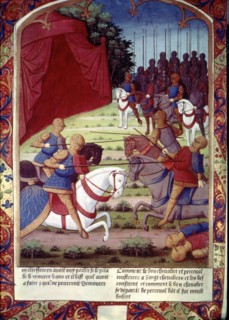 Gilead helps Perceval and they together defeat 20 men, miniature in the incunable 'Lancelot du La?