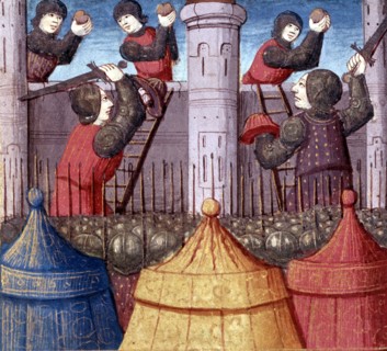 Assault and taking of a castle by the knights of King Arthur, miniature in the incunable 'Lancelo?
