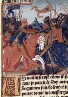 King Arthur and the Knights of the Round Table fighting the Saxons, miniature in the incunable 'L?