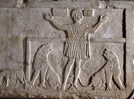 Daniel in the lions' Hebrew prophet Daniel, detail of the relief in the sarcophagus in Ecija.