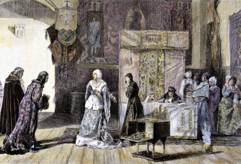 Engraving  in the 'Spanish and American Illustration' from painting 'Elizabeth I gives her jewelr?