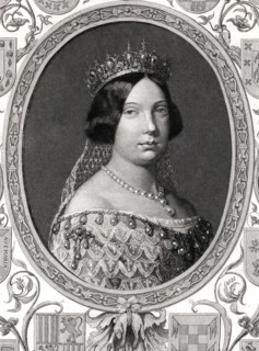 Elizabeth II (1830-1904), Queen of Spain, surrounded by the arms of the first nobility.