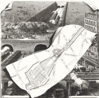 Plan of the rising works of the West station in Paris. French Railways, engraving 1851.