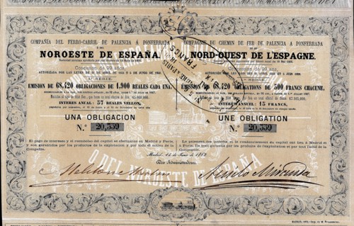 Bond of 1900 reales to the 3% of the Compañía del Ferrocarril de Palencia a Ponferrada (Railway C?