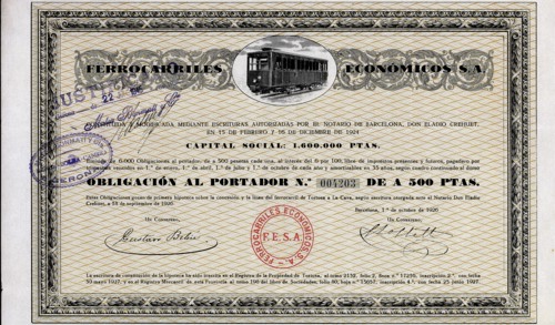 Bond of Ferrocarriles Económicos S.A., to the 6%, Barcelona October 1, 1926 (railway from Tortosa?