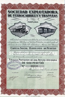 Action of 500 pesetas of Sociedad explotadora de ferrocarriles y tranvías, S.A., (railway company?
