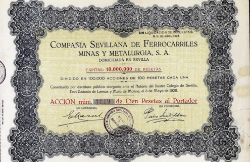 Action of 100 pesetas of the Compañía Sevillana de ferrocarriles, minas y metalurgia, S.A., Sevil?