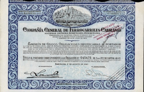 Obligation of 500 pesetas of the Compañía General de Ferrocarriles Catalanes, S.A., at 6%, Barcel?