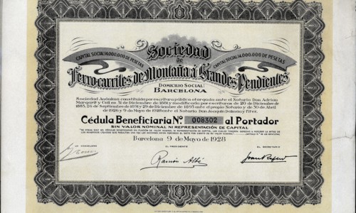 Beneficiary document of the Sociedad de Ferrocarriles de Montaña a Grandes Pendientes, S.A., Barc?