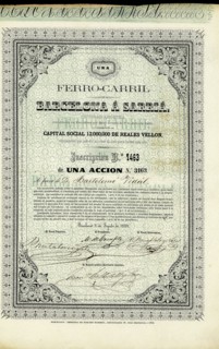 100 Pesos share from the Ferrocarril de Barcelona a Sarria, ??SA, Barcelona August 8, 1859.