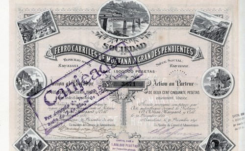 250 pesetas share from the Sociedad Ferrocarriles de Montaña a Grandes Pendientes, S.A., Barcelon?