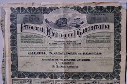 250 pesetas share from the Ferrocarril Eléctrico del Guadarrama, SA, Madrid April 1, 1923.