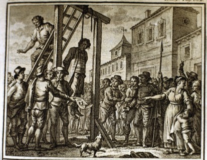 Hanging the Governor by settlers during the French occupation (1650), engraving, 1807.
