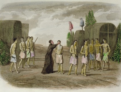 A slave Indian from the Tribe of Tupinamba, is baptized by a Jesuit near Bahia in 1550, 1850 engr?