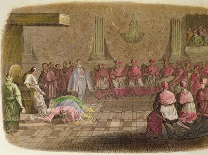Japanese Ambassadors kneel at the feet of Pope Gregory XIII in 1585, engraving, 1850.