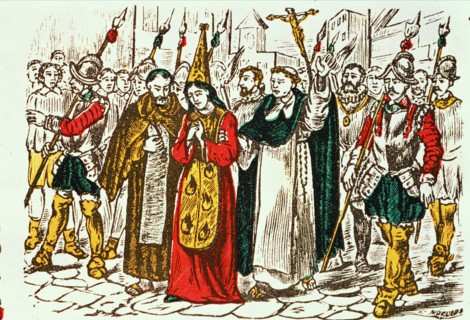 Auto-da-fe, a woman accused of heresy walks towards death in the streets of Barcelona, drawing in?