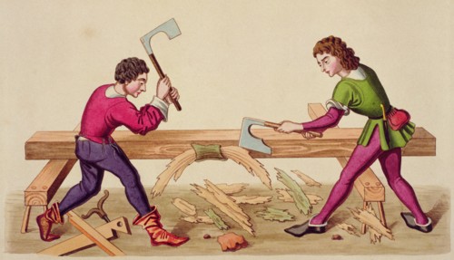 Medieval craftsmen carpenters 1497, engraving.