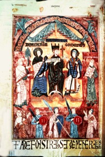 Queen Jimena and Alphonse III the Great (848-910) before the bishop Gorneus, miniature in the 'Bo?