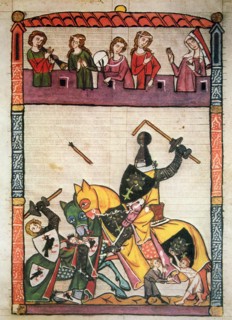 Fighting between knights, miniature in 'Cimelia Heidelbergensia'.