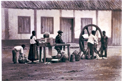 The cassava mill, work in a farming plantation with slaves, lithograph.