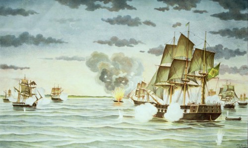 Battle of Quilmes during the Cisplatina war between Uruguay and Brazil, engraving.