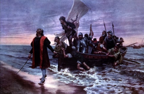 Discovery of America, landing by Christopher Columbus in the first territory discovered..
