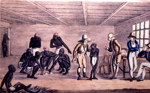 Slaves trading in Rio de Janeiro, colored lithograph.