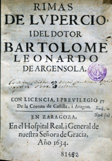Rhymes' by Lupérnico and Bartolomé Argensola. Cover of the printed work in Zaragoza in 1634.