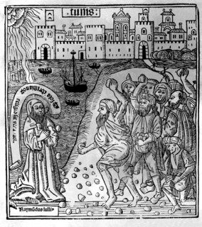 Ramon Llull (1233-1315-16), Catalan writer, engraving of his martyrdom and stoning in Tunisia, pr?