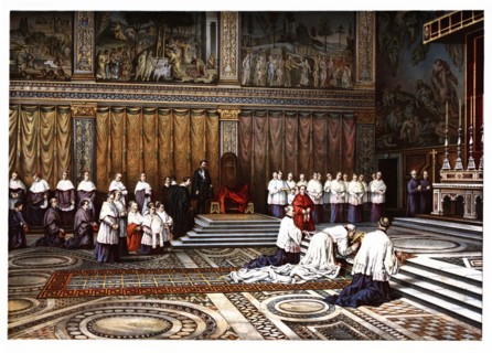 Pontifical ceremonies. Adoration of the Cross in the Sistine Chapel. Color engraving from 1871.