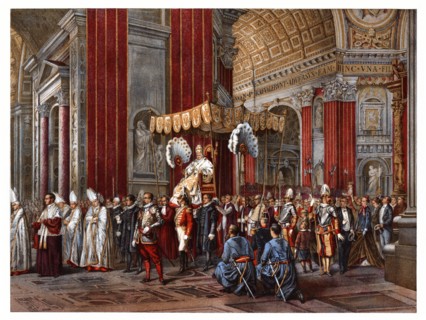 Pontifical ceremonies. Pope Pius IX led to his seat of honour. Color engraving from 1871.