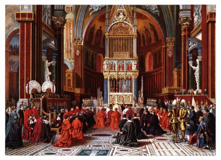 Pontifical ceremonies. Ascension day to the papal chapel of San Juan de Letran. Color engraving f?