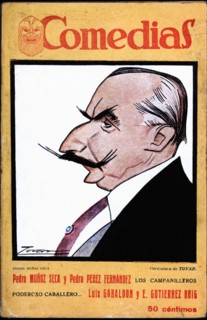 Cover of the publication 'Comedias'. Caricature of Pedro Muñoz Seca (1879-1936). Siglo XX publish?