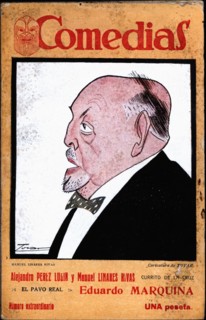 Cover of the publication 'Comedias'. Caricature of Manuel Linares-Rivas Astray-Caneda (1866-1938)?