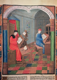 Einhard and Archbishop Turpin writing the history of Charlemagne in the 'Chroniques de France', 1?