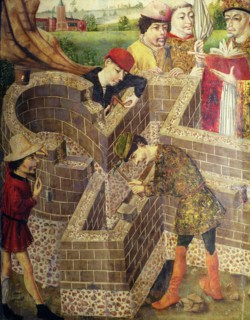 Building a church, detail from the Painting 'Church of San Miguel', panel painting.