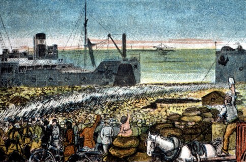Morocco's War (1909-1913), Spanish troops landing in Melilla, drawing of the time.