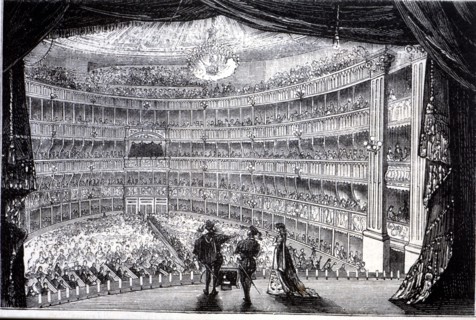 View of the stalls of the Teatro Real in Madrid, built in 1850, from the stage, engraving, 1870.