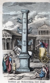 Urban life in Rome, commemorative column of a victory, engraving 1866.
